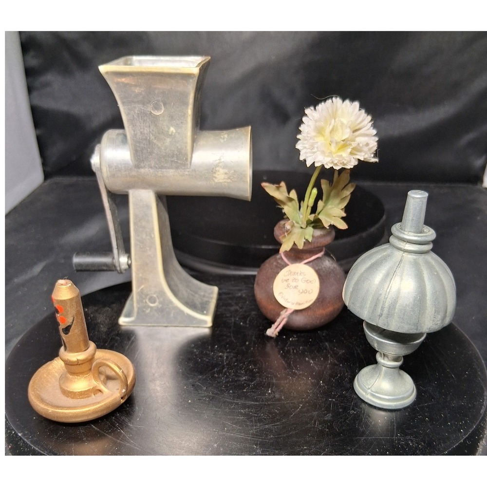 Vintage Dollhouse Miniature Lot Meat Grinder Flower Vase Lamp Candlestick 4pc